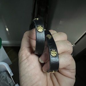 Tory Burch black double wrap leather logo stud bracelet.